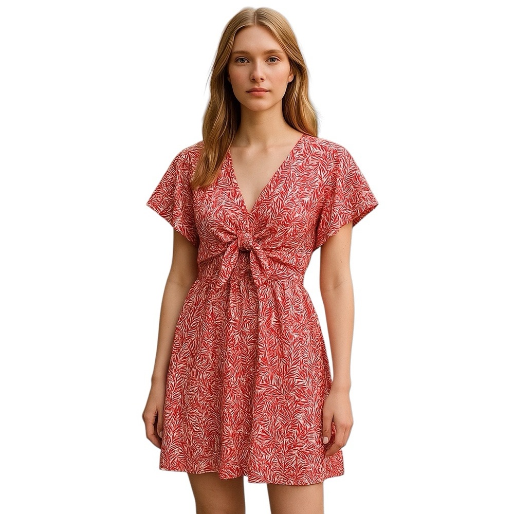AGQT Womens Romper Sz XL Red Leaf Print Tie Front Summer